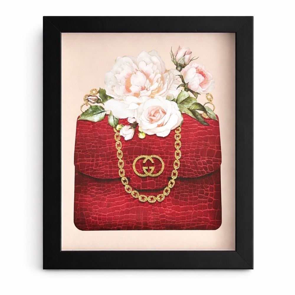 Luxury Inspired Red Handbag Floral Wall Art 9x11 Framed Glam Fashion Decor